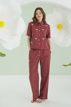 Burgundy Pinstripe Bow Pijama Takımı