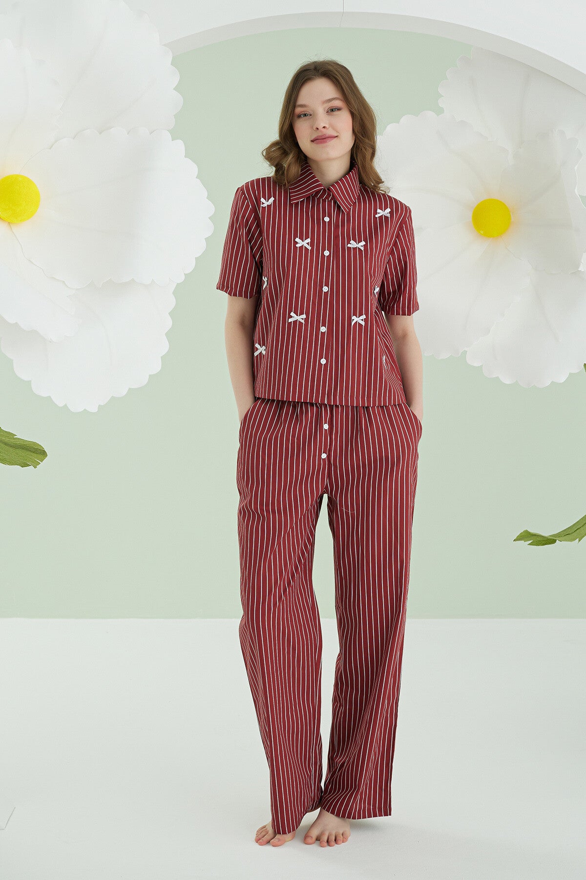 Burgundy Pinstripe Bow Pijama Takımı
