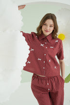 Burgundy Pinstripe Bow Pijama Takımı
