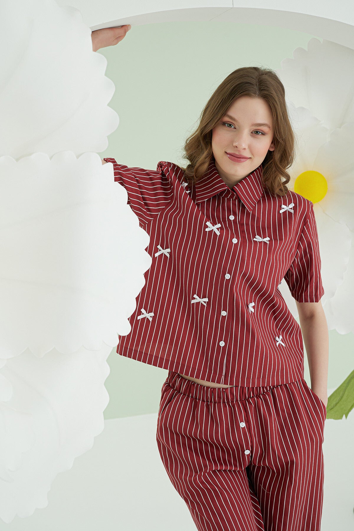 Burgundy Pinstripe Bow Pijama Takımı