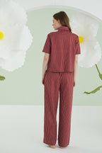 Burgundy Pinstripe Bow Pijama Takımı