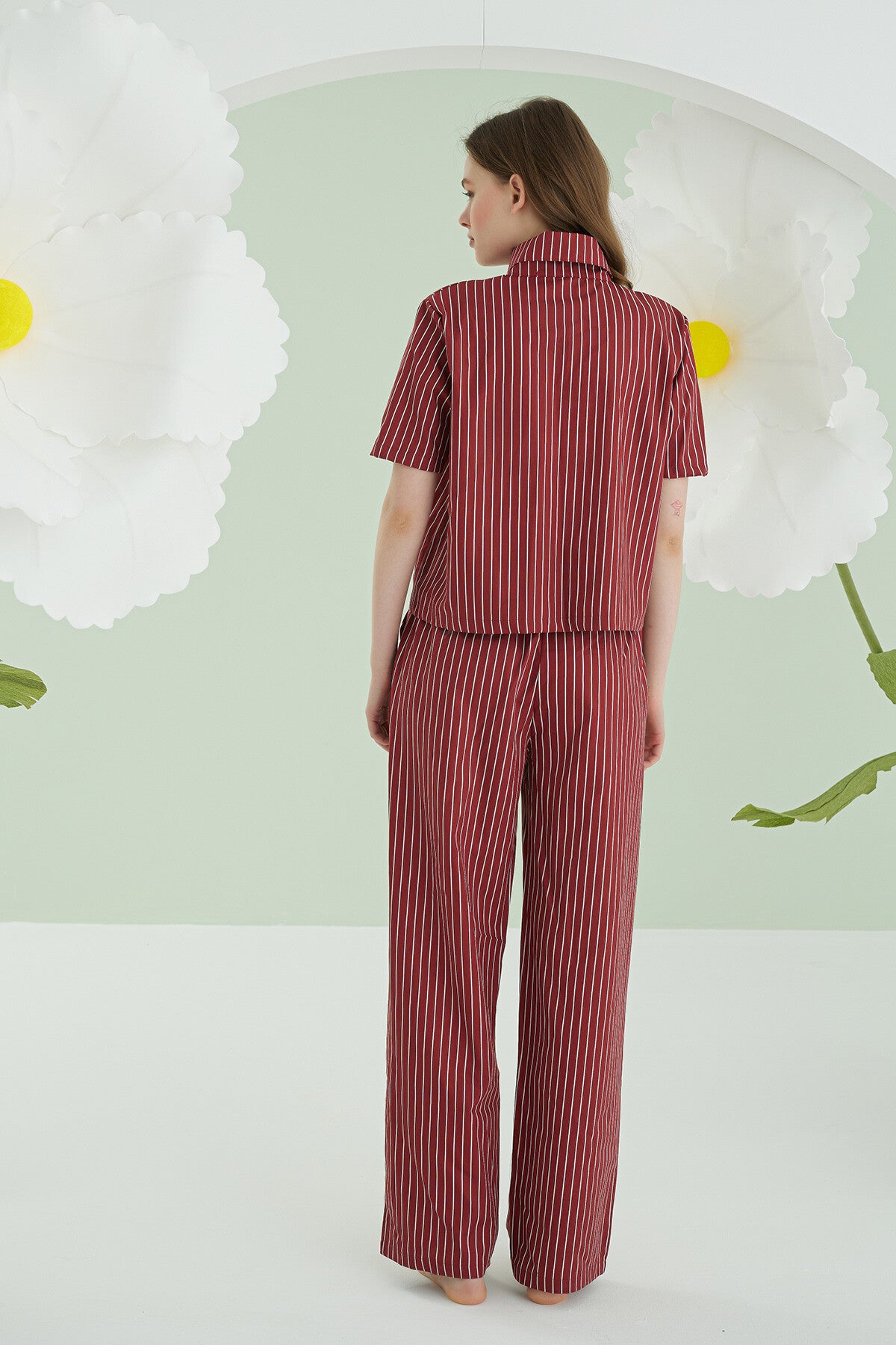 Burgundy Pinstripe Bow Pijama Takımı