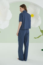 Navy Pinstripe Bow Pijama Takımı
