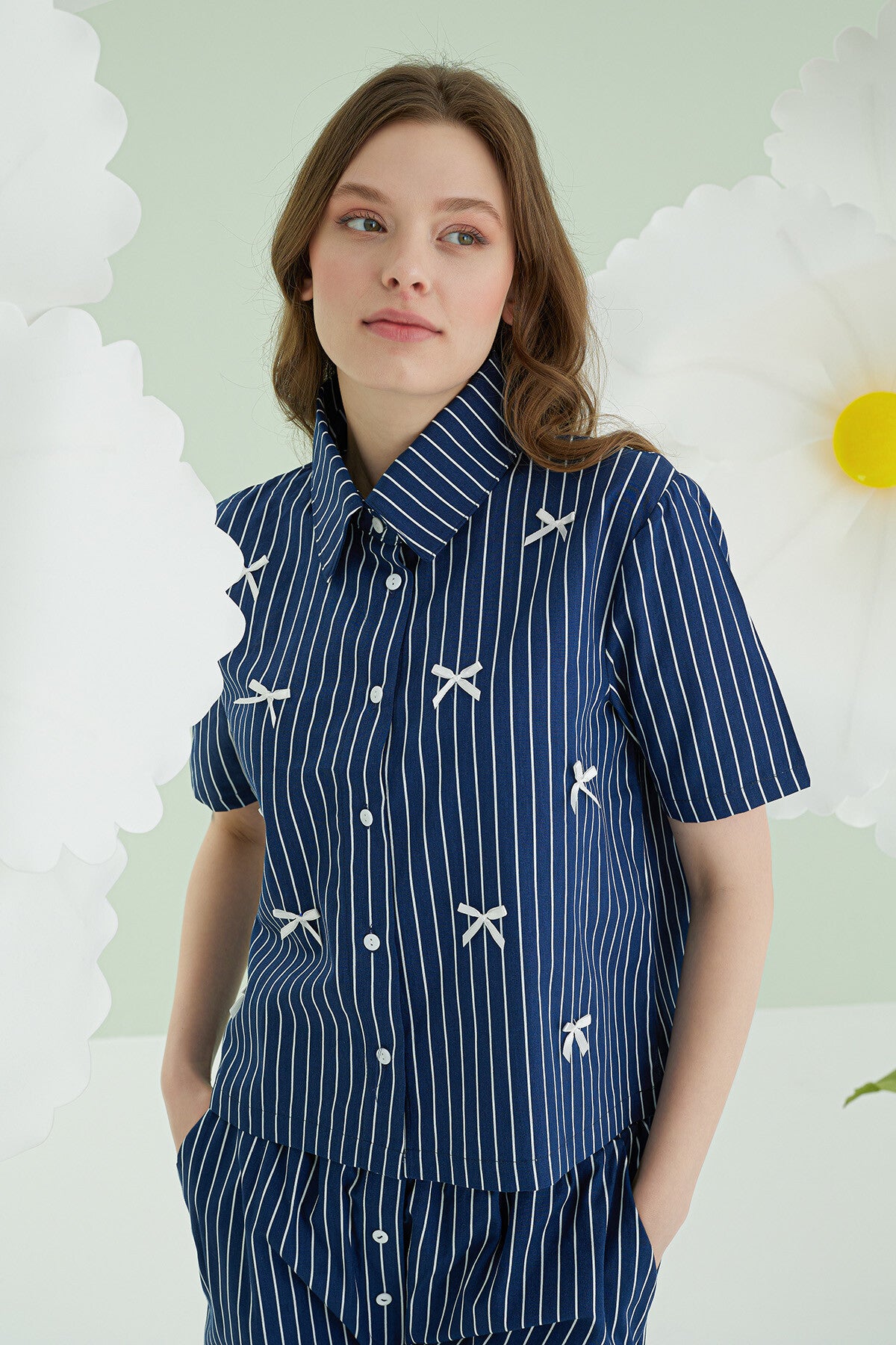 Navy Pinstripe Bow Pijama Takımı