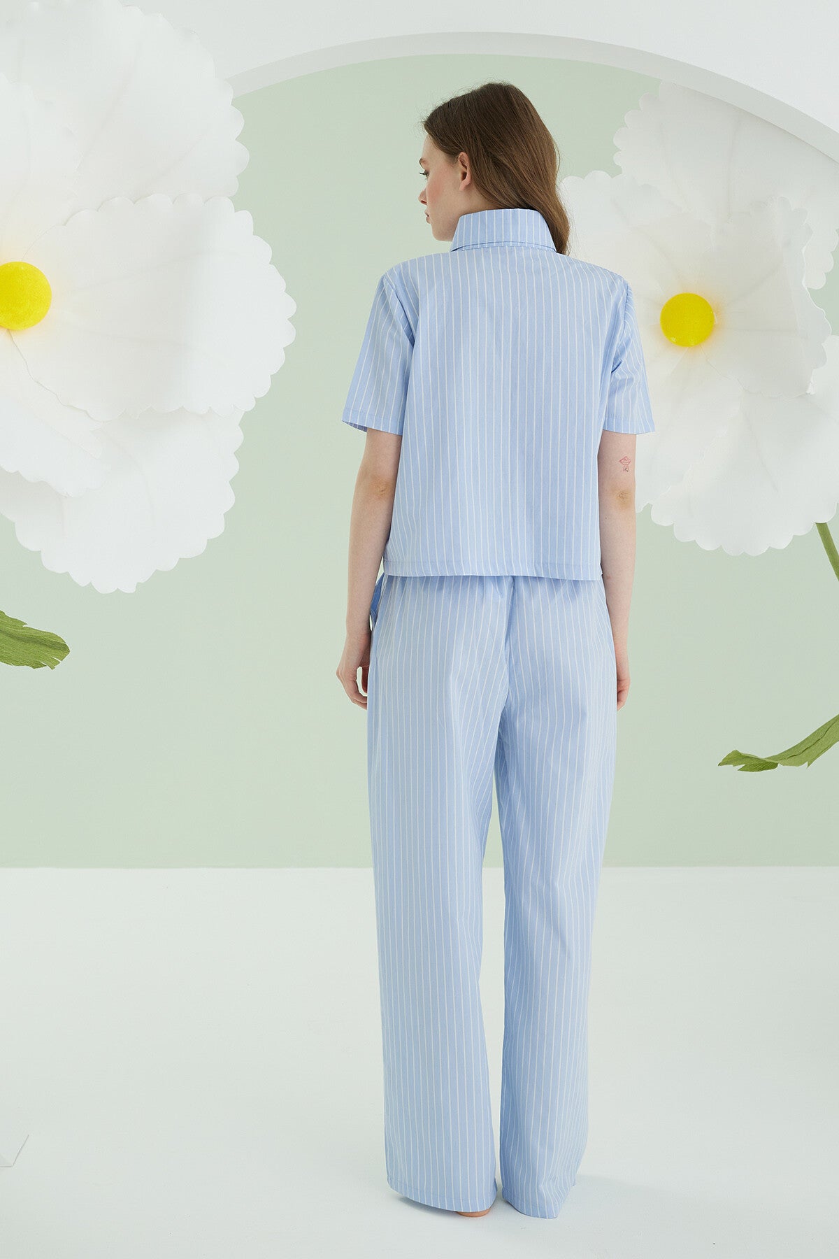 Sky Pinstripe Bow Pijama Takımı
