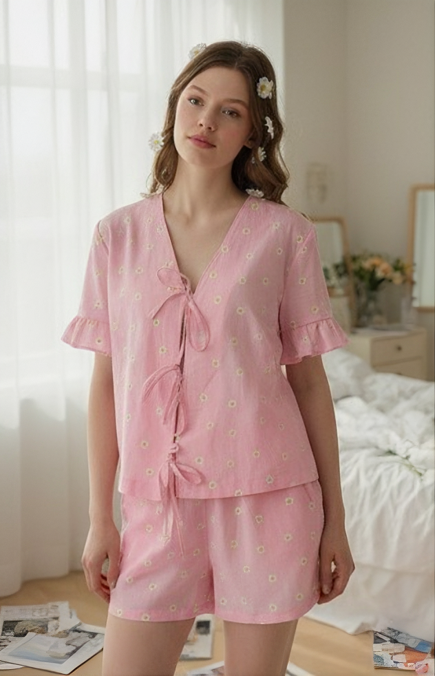 Blossom Tie Cotton Şortlu Takım