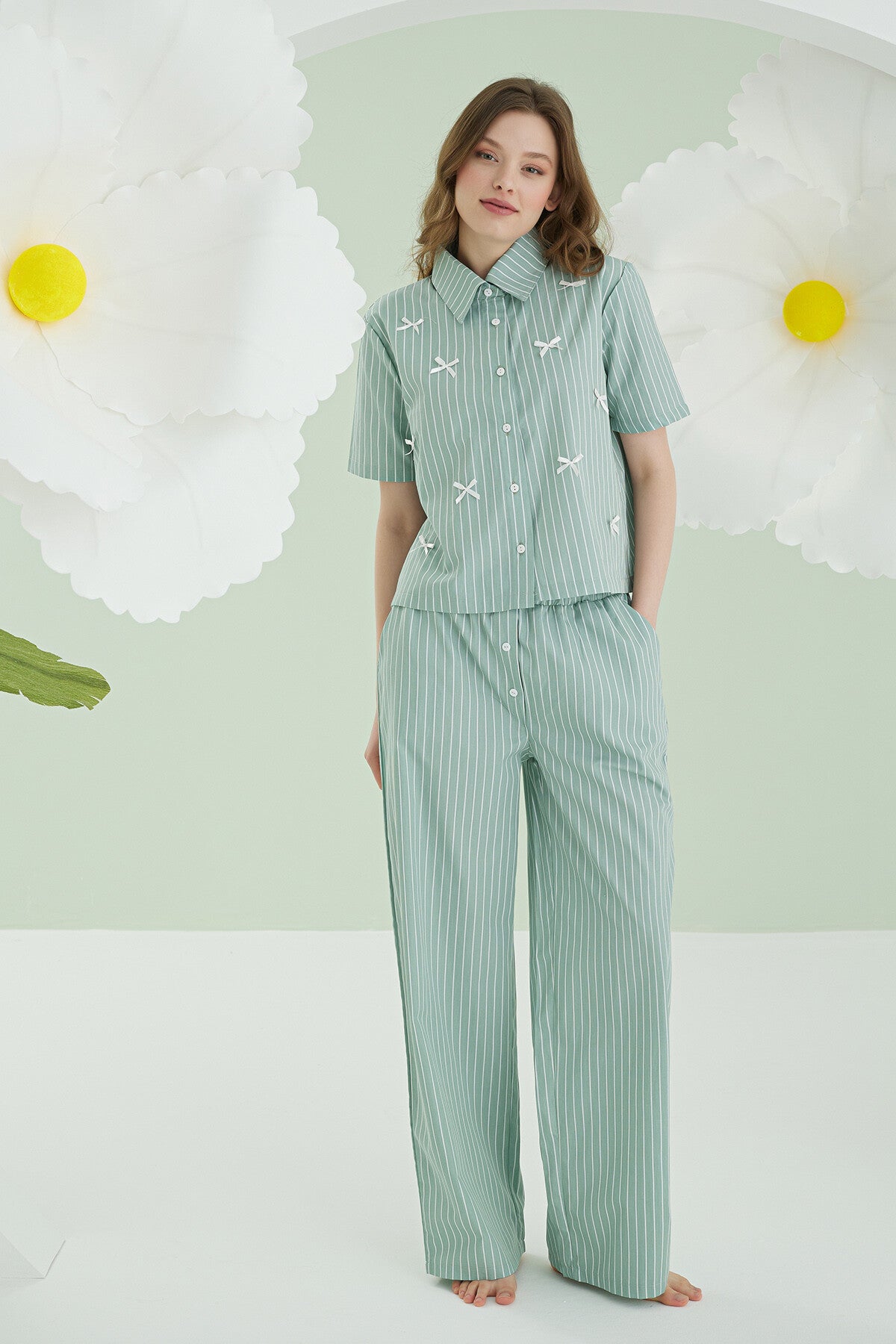 Sage Pinstripe Bow Pijama Takımı