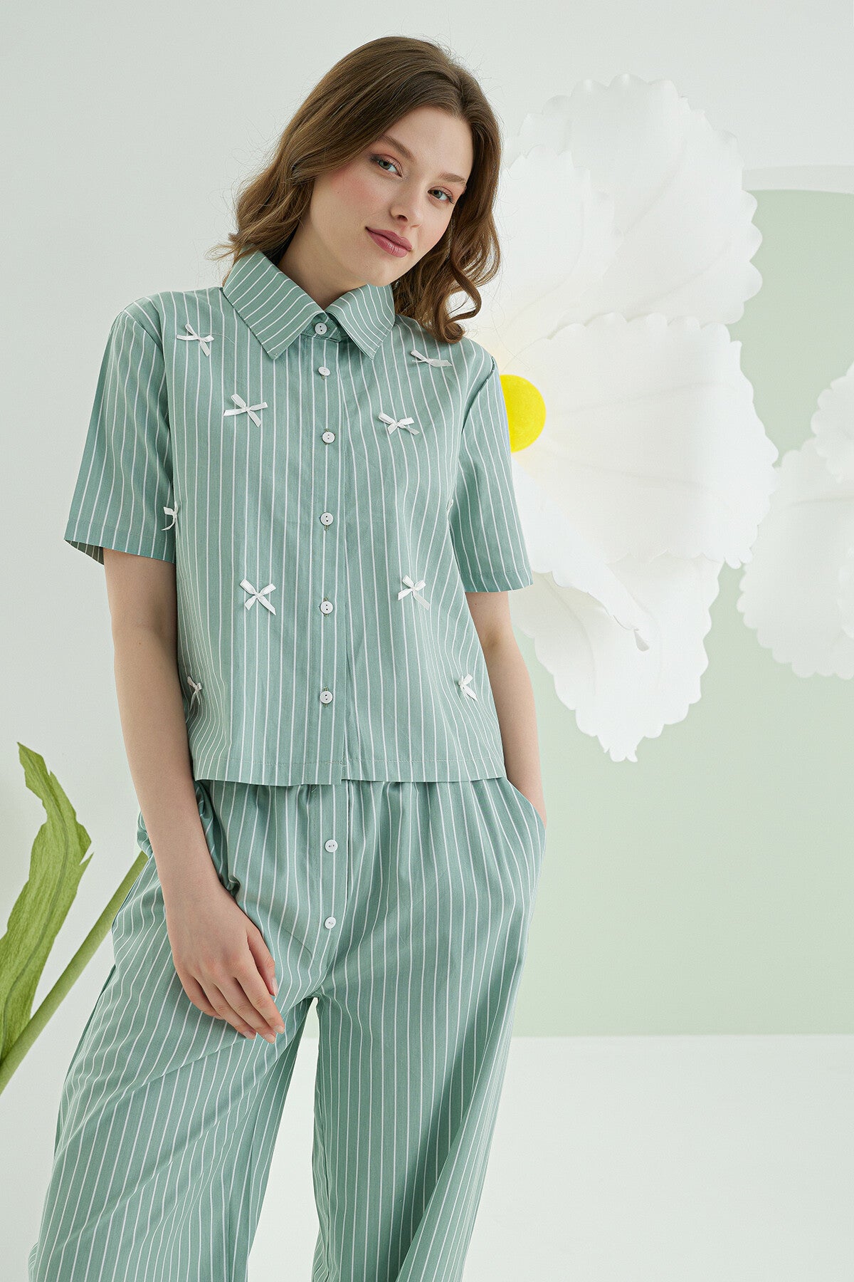 Sage Pinstripe Bow Pijama Takımı